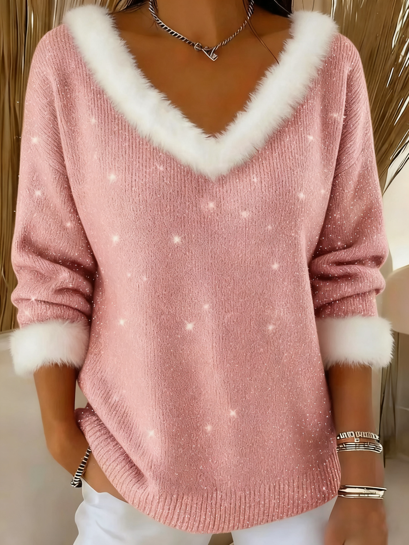 Women's Rabbit Fur Sweater with V-Neck, Holiday