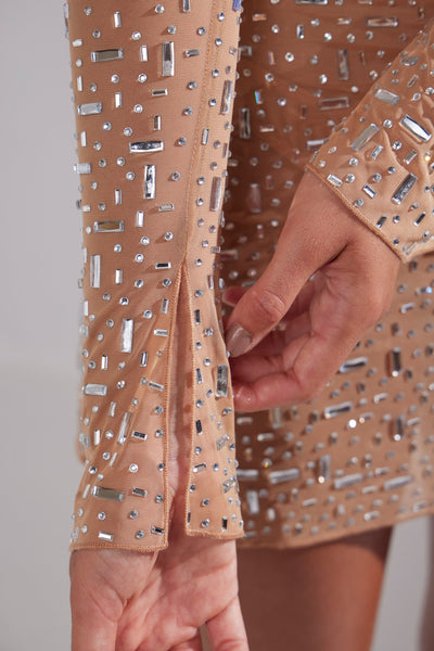 Zeta - Sheer Embellished Long Sleeve A-Line Mini Dress in Almond