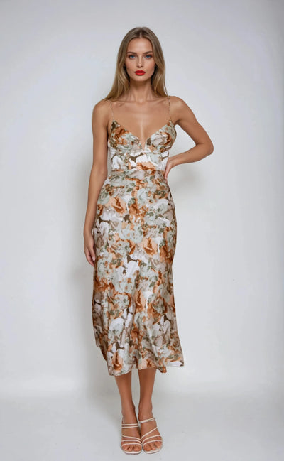 Lake Como Fitted Bodice Cami Strap Midi Dress Abstract Print Sage