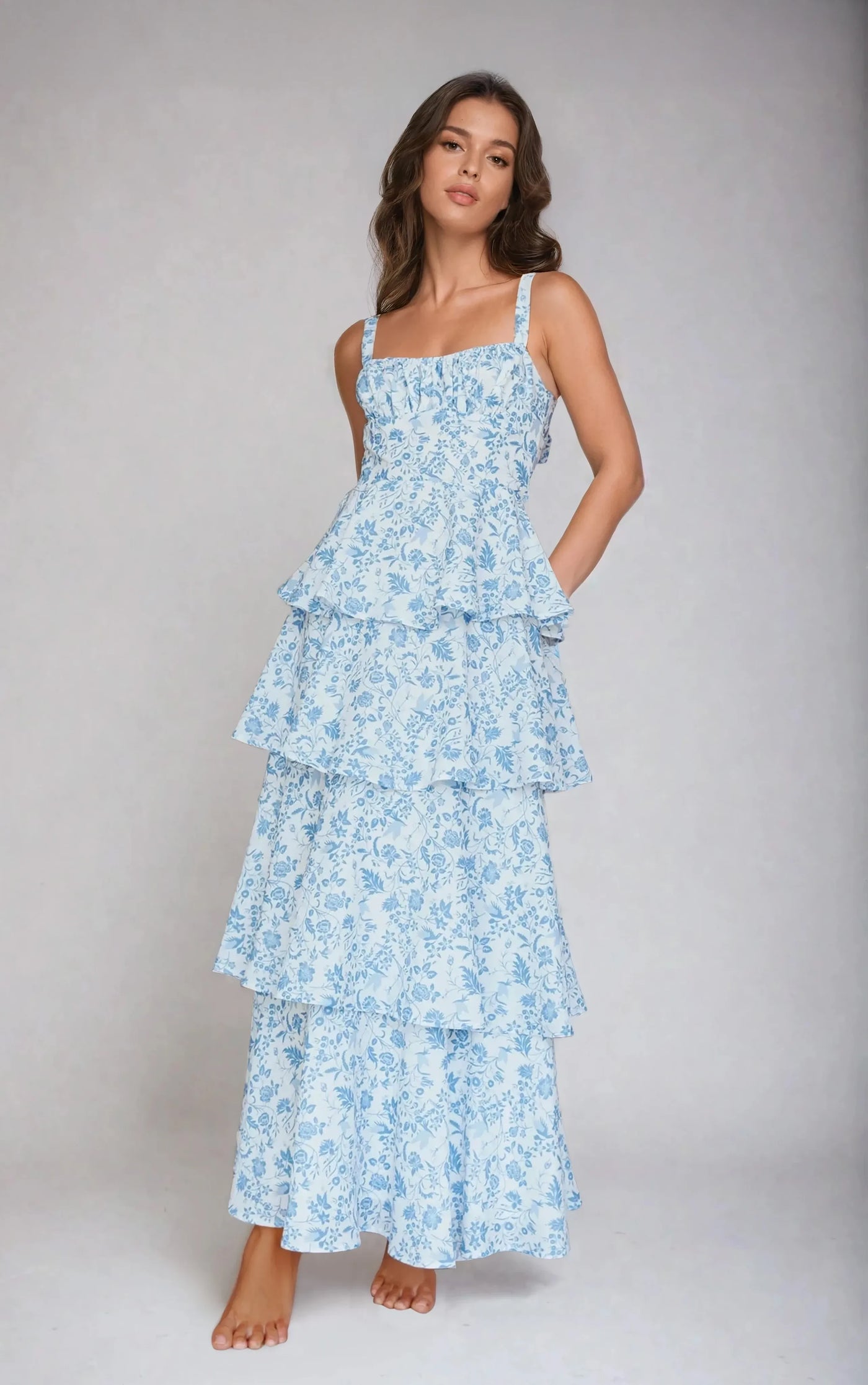 Provence Bloom Tiered Midi Dress Floral Blue