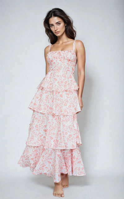 Provence Bloom Tiered Midi Dress Floral Orange