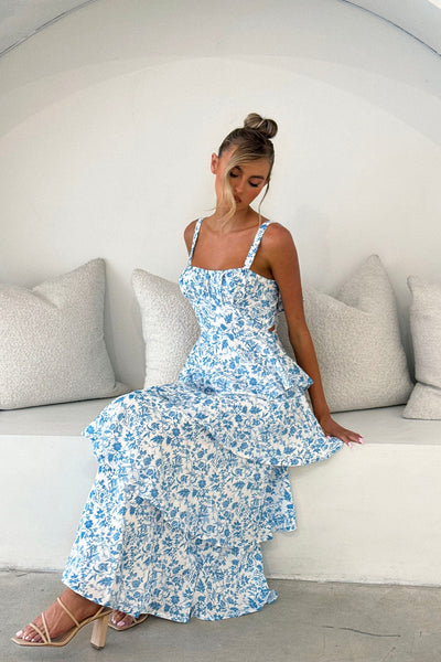 Provence Bloom Tiered Midi Dress Floral Blue