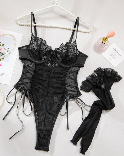 Christina™ | Transparent lace bodysuit with floral pattern and side bow