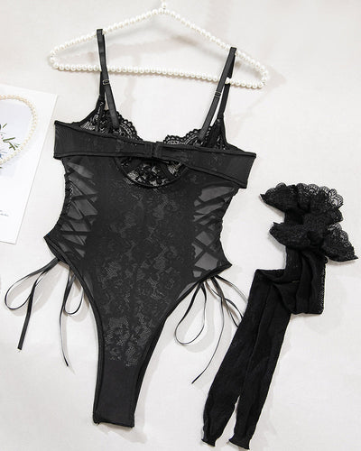 Christina™ | Transparent lace bodysuit with floral pattern and side bow