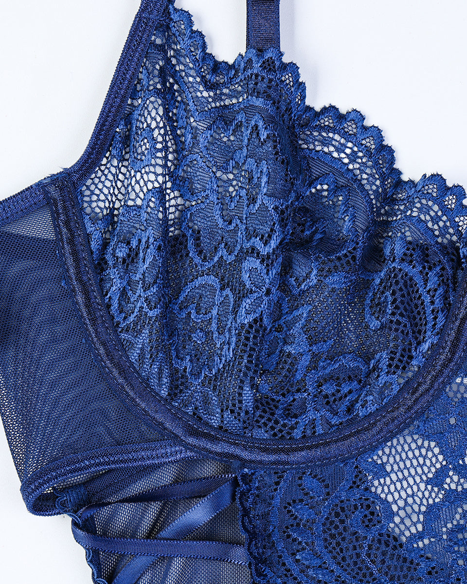 Christina™ | Transparent lace bodysuit with floral pattern and side bow