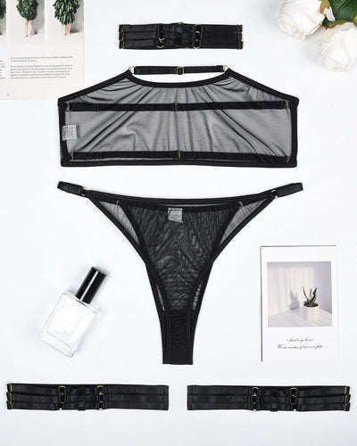 Eline™ | 4-Piece Transparent Mesh Lingerie Set with Bra & Bow
